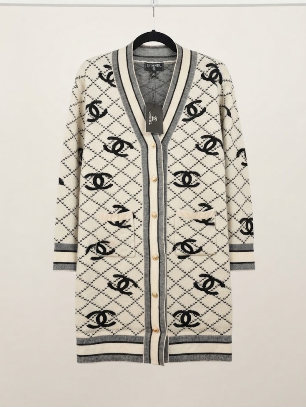 Brand New ! Cream and Black CC Logo Long Knit Cardigan